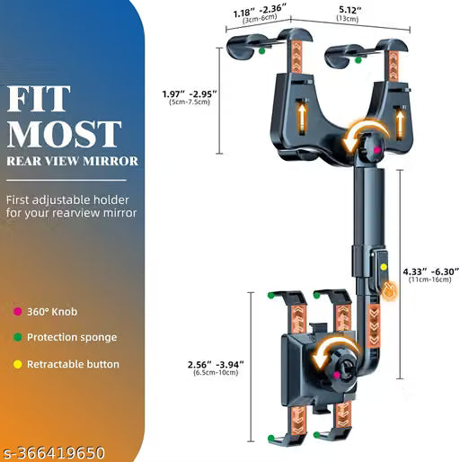 XJIL Car Rearview Mirror Phone Holder Mount 360 Degree Adjustable and Retractable, Universal 360° Car Rearview Mirror Mount Stand Holder, Mobile Holder for Car Compatible with All Mobile Phones